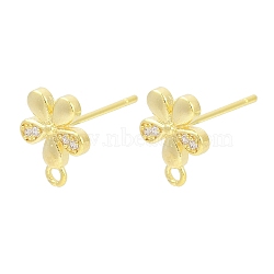 Brass Micro Pave Clear Cubic Zirconia Stud Earring Findings, with Loop, Flower, Real 18K Gold Plated, 10.5x5mm, Hole: 1.4mm, Pin: 0.8x11.5mm(KK-Z099-01G-02)