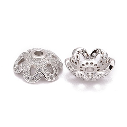 Eco-Friendly 6-Petal Flower Brass Micro Pave Cubic Zirconia Bead Caps, Lead Free & Nickel Free, Platinum, 11x4mm, Hole: 2mm(X-ZIRC-M098-01P-FF)