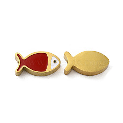 Ion Plating(IP) 304 Stainless Steel Beads, with Enamel, Real 18K Gold Plated, Fish, Red, 7x13.5x3mm, Hole: 1.8mm(STAS-C074-10G-04)
