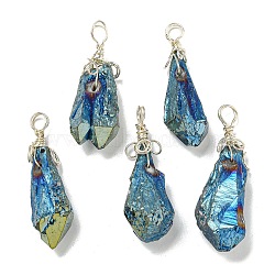 Electroplated Platinum Palted Copper Wire Wrapped Natural Quartz Crystal Pendants, Nuggets Charms, Royal Blue, 30~43.5x8~14.5x6~12mm, Hole: 3.5~4mm(G-L133-07I)