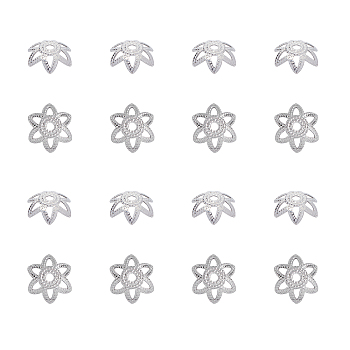 304 Stainless Steel Bead Caps, Flower, 6-Petal, Filigree, Stainless Steel Color, 6.5x2mm, Hole: 1mm, 60pcs/box