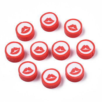 Handmade Polymer Clay Beads, Flat Round with Mouth, Red, 9.5~10x4~4.5mm, Hole: 1.6mm