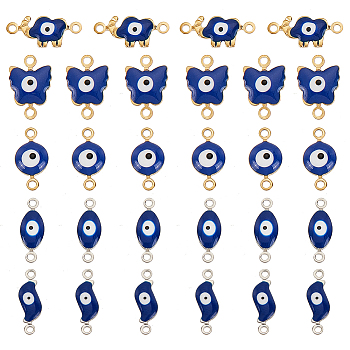 50Pcs 5 Styles 304 Stainless Steel Blue Enamel Connector Charms, Evil Eye Links, Butterfly & Flat Round & Elephant & Horse Eye & Leaf, Golden & Stainless Steel Color, 6.5~16x5~15x2.5~4mm, Hole: 1.2mm, 10pcs/style