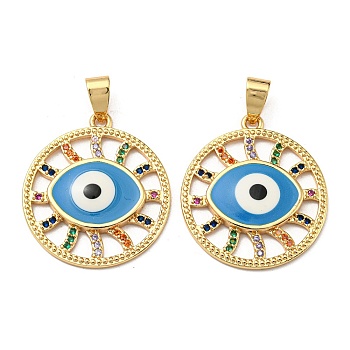 Real 18K Gold Plated Brass Pendants, with Cubic Zirconia and Enamel, Flat Round with Evil Eye Charms, Deep Sky Blue, 26x23.5x3mm, Hole: 6x4mm