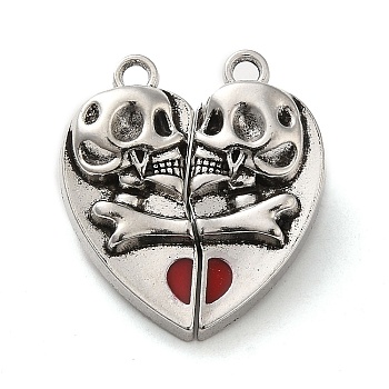 Tibetan Style Alloy Enamel Magnetic Clasps, Heart with Skull, Antique Silver, Dark Red, 27.5x24.5x6.5mm, Hole: 2mm