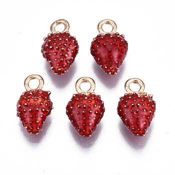 Alloy Enamel Charms, Cadmium Free & Nickel Free & Lead Free, Light Gold, Strawberry, Red, 15x9x6.5mm, Hole: 2mm