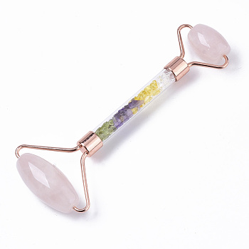 Natural Rose Quartz Massage Tools, Facial Rollers, with K9 Glass & Gemstone Chips & Zinc Alloy Findings, Rose Gold, 144x56x19.5mm