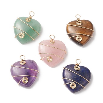 Natural Mixed Stone Copper Wire Wrapped Pendants, Heart Charms, Light Gold, 37.5~39x31~31.5x9~9.5mm, Hole: 4.5mm