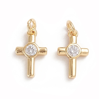 Brass Micro Pave Cubic Zirconia Tiny Cross Charms, with Jump Ring, Long-Lasting Plated, Clear, Golden, 12.5x7.8x2.2mm, Hole: 2.5mm