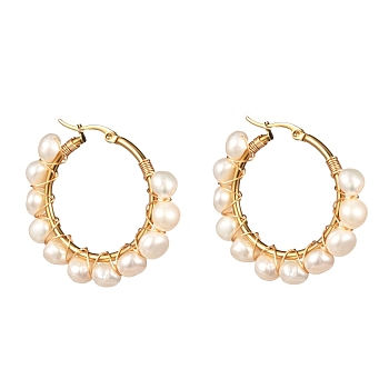Ring Natural Pearl Beads Hoop Earrings for Girl Women, White, 38x40x7mm, Pin: 0.6mm