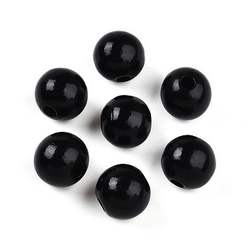 Painted Natural Wood Beads, Round, Black, 16mm, Hole: 4mm