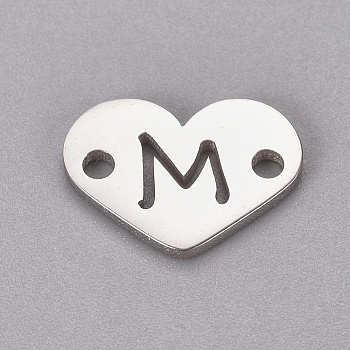 304 Stainless Steel Links, Heart with Letter, Stainless Steel Color, Letter.M, 9x12x1mm, Hole: 1.2mm