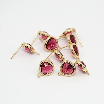 Real 18K Gold Plated Tone Brass Glass Stud Earring Findings, with Loop, Faceted Triangle, Cerise, 13x11x4.5mm, Hole: 1mm, Pin: 0.6mm
