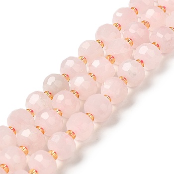 Natural Rose Quartz Beads Strands, with Seed Beads, Faceted Rondelle, 7~8x5~6mm, Hole: 1mm, about 45~46pcs/strand, 14.57''~14.96''(37~38cm)