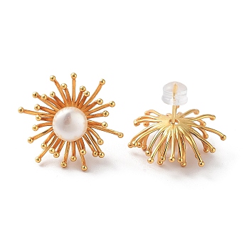 Flower Natural Pearl Stud Earrings for Women, with Sterling Silver Pins, Real 18K Gold Plated, 22x22mm