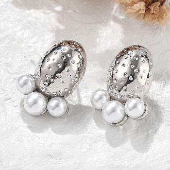 Brass Oval Stud Earrings, with ABS Imitation Pearl, Lead Free & Cadmium Free, Long-Lasting Plated, Rack Plating, Platinum, 25x18mm