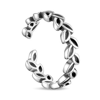SHEGRACE Adjustable 925 Thailand Sterling Silver Cuff Rings, Open Rings, Leaf/Olive Branch, Antique Silver, Size 7, 17.4mm