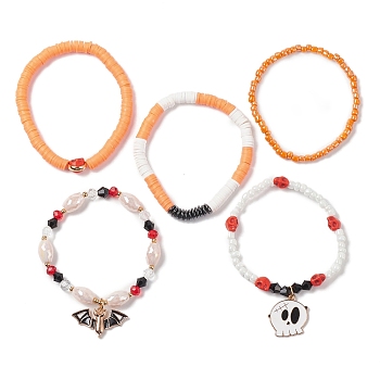 5Pcs 5 Style Dyed Synthetic Turquoise Skull & Polymer Clay Heishi & Glass Beaded Stretch Bracelets Set, Bat & Ghost Alloy Enamel Charms Stackable Bracelets for Halloween, Mixed Color, Inner Diameter: 2~2-1/4 inch(5.2~5.6cm), 1Pc/style