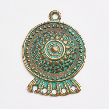 Tibetan Style Alloy Chandelier Components Links, Flat Round, Antique Bronze & Green Patina, 44x32x4mm, Hole: 2~3mm