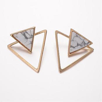 Natural Howlite Ear Studs, with Brass Findings, Triangle, Golden, 37x33x1.5~3mm, Pin: 0.7mm