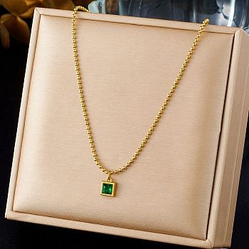 304 Stainless Steel Pave Cubic Zirconia Green Pendant Ball Chain Necklaces for Women, Square, 16.38 inch(41.6cm)
