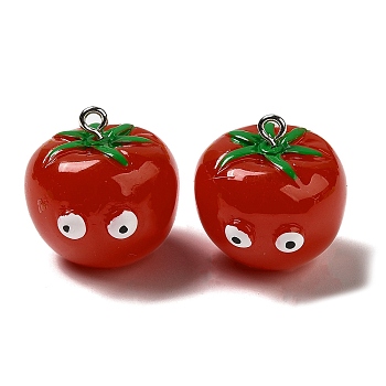 Cartoon Opaque Resin Vegetable Pendants, Funny Eye Tomato Charms with Platinum Plated Iron Loops, FireBrick, 22.5x21.5x22.5mm, Hole: 1.8mm