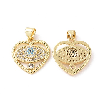 Brass Micro Pave Cubic Zirconia Pendants, Heart with Evil Eye Charm, Golden, 23x17.5x3mm, Hole: 5x3mm