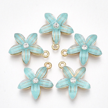 Alloy Pendants, with Resin and Rhinestone, Flower, Crystal, Light Gold, Medium Turquoise, 21.5x18.5x5mm, Hole: 1.5mm
