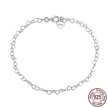 Rhodium Plated 925 Sterling Silver Heart Link Chain Anklets Jewelry for Women, with 925 Stamp, Real Platinum Plated, 9-7/8 inch(25cm)