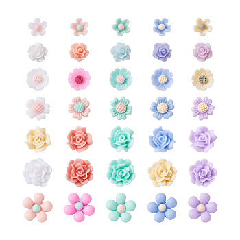 700Pcs 7 Styles Opaque Resin Cabochons, Flower, Mixed Color, Mixed Color, 6~13x6~13x3~6mm, 100pcs/style