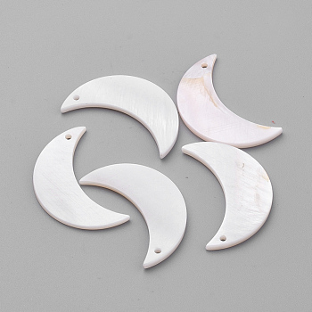Plated Freshwater Shell Pendants, Moon, Creamy White, 30x20x2mm, Hole: 1mm