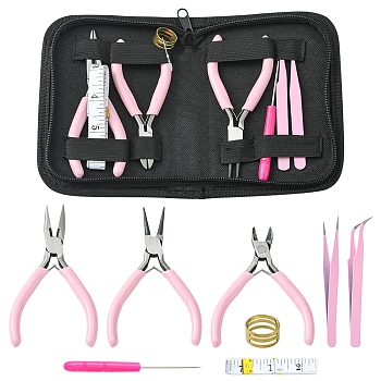 Jewelry Tools Sets, including Plastic Handle Steel Pliers, 401 Stainless Steel Tweezers, Iron Bead Needles, Brass Rings, PVC Soft Tape Measures, Plastic Cable Ties, Imitation Leather Storage Bags, Pearl Pink