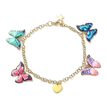 Enamel Butterfly & Alloy Heart Charm Bracelet with Ion Plating(IP) 304 Stainless Steel Chains, Colorful, 7-5/8 inch(19.4cm)