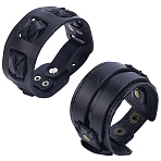 2Pcs 2 Styles Cowhide Cord Wide Cord Bracelets, with Alloy Findings, Black, 230x45mm, 1pc/style(BJEW-CL0001-38A)