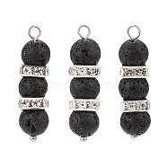 Natural Lava Rock Pendants, with Platinum Tone Brass Crystal Rhinestone Spacer Beads, Column Charms, 33x8x8mm, Hole: 2.3mm(PALLOY-JF01960)
