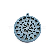 Wood Pendants, for Earring Jewelry Making, Flat Round with Flower, Steel Blue, 28mm(EJEW-PW0001-04A)