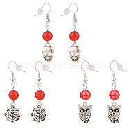 Halloween Theme Alloy Dangle Earrings, with Imitation Gemstone Acrylic Round Beads and Brass Earring Hooks, Skull & Spider & Owl, Antique Silver, Red, 43~47mm, Pin: 0.6mml, 3pair/set(EJEW-JE04428)