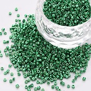 Plated Glass Cylinder Beads, Seed Beads, Metallic Colours, Round Hole, Green, 1.5~2x1~2mm, Hole: 0.8mm, about 8000pcs/bag, about 1pound/bag(SEED-S047-E-002)