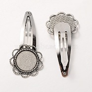 Iron Snap Hair Clip Findings, with Tibetan Style Alloy Flower Cabochon Settings, Cadmium Free & Lead Free, Antique Silver, Tray: 18mm, 60mm(X-MAK-J002-06AS)