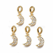 Brass Micro Pave Clear Cubic Zirconia Pendants, Nickel Free, Moon, Real 18K Gold Plated, 20x7.5x2mm, Hole: 4mm, Ring: 9x7x2mm, Moon: 12x7.5x1.5mm(KK-Q277-051-NF)