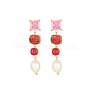 Glass Square Stud Earrings, Natural Pearl Drop Earrings with 304 Stainless Steel Pins, Cerise, 55mm(UK2895-2)