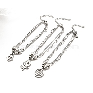 304 Stainless Steel Paperclip & Cable Chains Double Layer Multi-strand Bracelet with Charm for Women, Stainless Steel Color, Mixed Patterns, Pendant: 16~22x10~12.5x2mm, 7-1/8 inch(18cm)(BJEW-C025-07P)