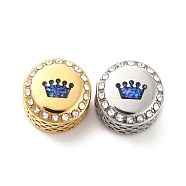 304 Stainless Steel European Beads, with Enamel & Rhinestone, Large Hole Beads, Golden & Stainless Steel Color, Flat Round with Crown, Blue, 12x8mm, Hole: 4mm(STAS-D180-11GP-03)