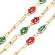 Handmade Enamel Lip Link Chains, Real 18K Gold Plated Brass Rectangle Link Chains, Soldered, with Spool, Cadmium Free & Lead Free, Sea Green, Rectangle: 9x3x0.5mm, Lip: 12.5x5x2mm(CHC-M024-05G-01)