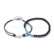 Men's Bracelets Sets, with Natural Lava Rock Beads, Faceted Synthetic Turquoise(Dyed) Beads, 304 Stainless Steel Findings and Korean Waxed Polyester Cord, Stainless Steel Color, 7-1/2 inch(19cm), 2mm, 2-3/8 inch(5.9cm), 2pcs/set(BJEW-JB04443)