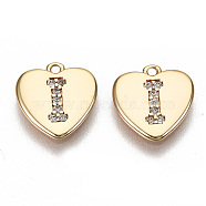 Brass Micro Pave Clear Cubic Zirconia Charms, Nickel Free, Real 18K Gold Plated, Flat Heart, Letter.I, 10x10x1mm, Hole: 1mm(KK-N231-234I-NF)
