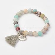 Natural Amazonite Beads Stretch Bracelets, with Brass & Alloy Findings & Tassel Pendants, Frosted, Round & Buddha Head, Burlap Packing, 2-1/8 inch(53mm)(BJEW-JB02812-04)