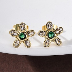 Flower Brass Micro Pave Cubic Zirconia Stud Earrings, Real 16K Gold Plated, 10.5x11mm(EJEW-Z087-01G)