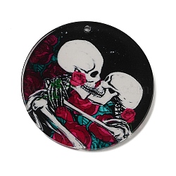 Opaque Acrylic Pendants, Flat Round with Skeleton, Cerise, 37.5~38x2mm, Hole: 1.6mm(OACR-Z007-04F)