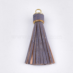 PU Leather Tassel Big Pendants Decorations, with Alloy Findings, Wood Grain, Golden, Slate Gray, 90~94x16~16.5mm, Hole: 6mm(FIND-T048-05A)